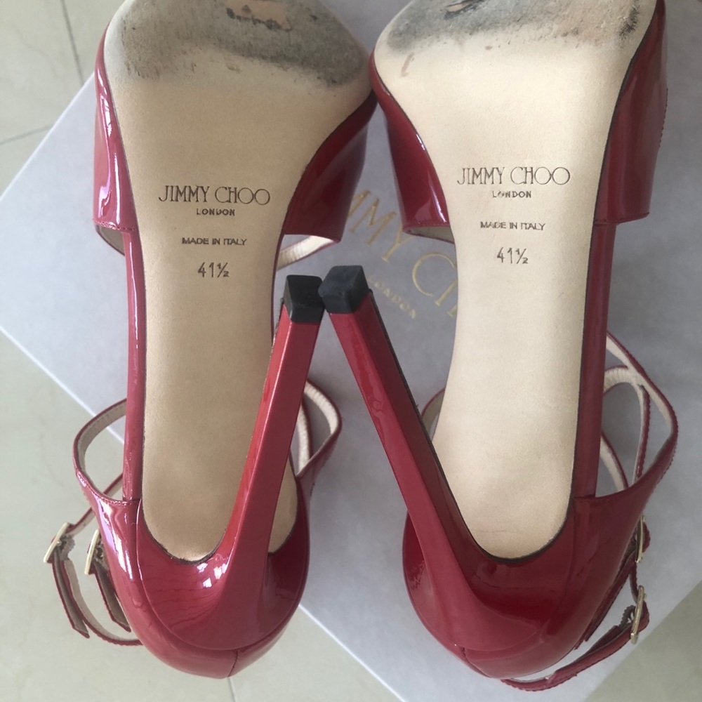 Jimmy Choo Red Patent Leather Strappy Pointed-Toe Heels - Picture 6 of 8